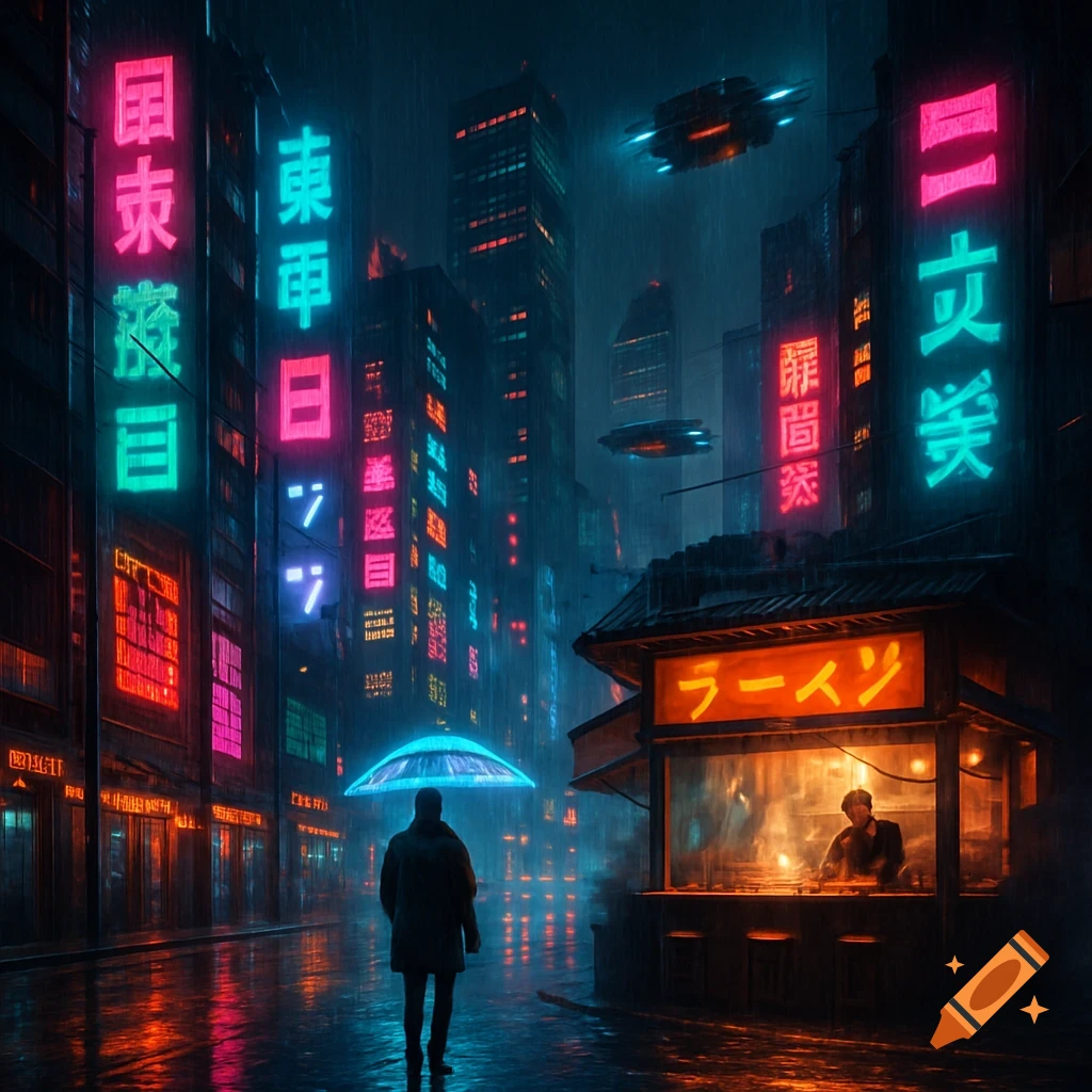 A lone figure with a glowing umbrella walks down a rainy, neon-lit ...