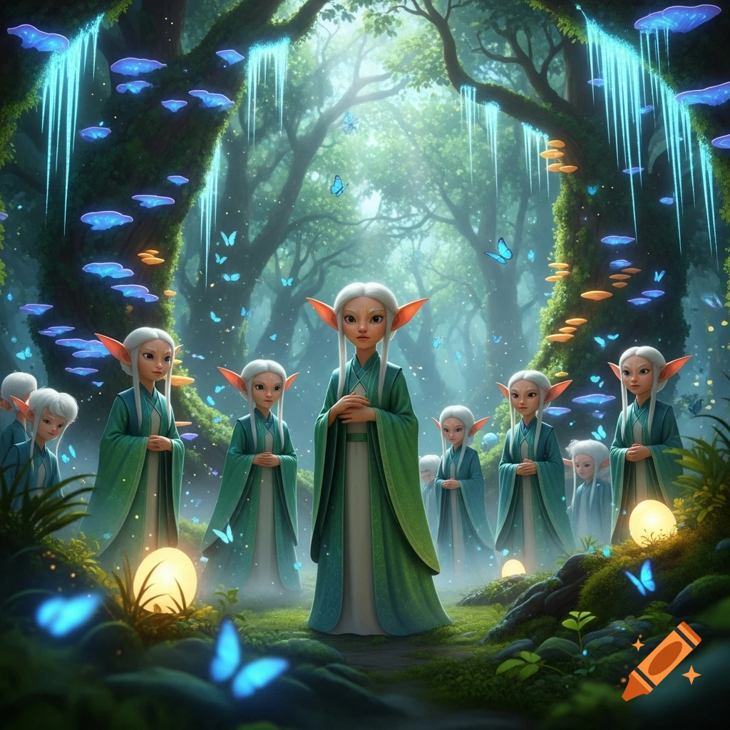 Stylized elves in green robes stand in a glowing magical forest with blue butterflies and bioluminescent plants.