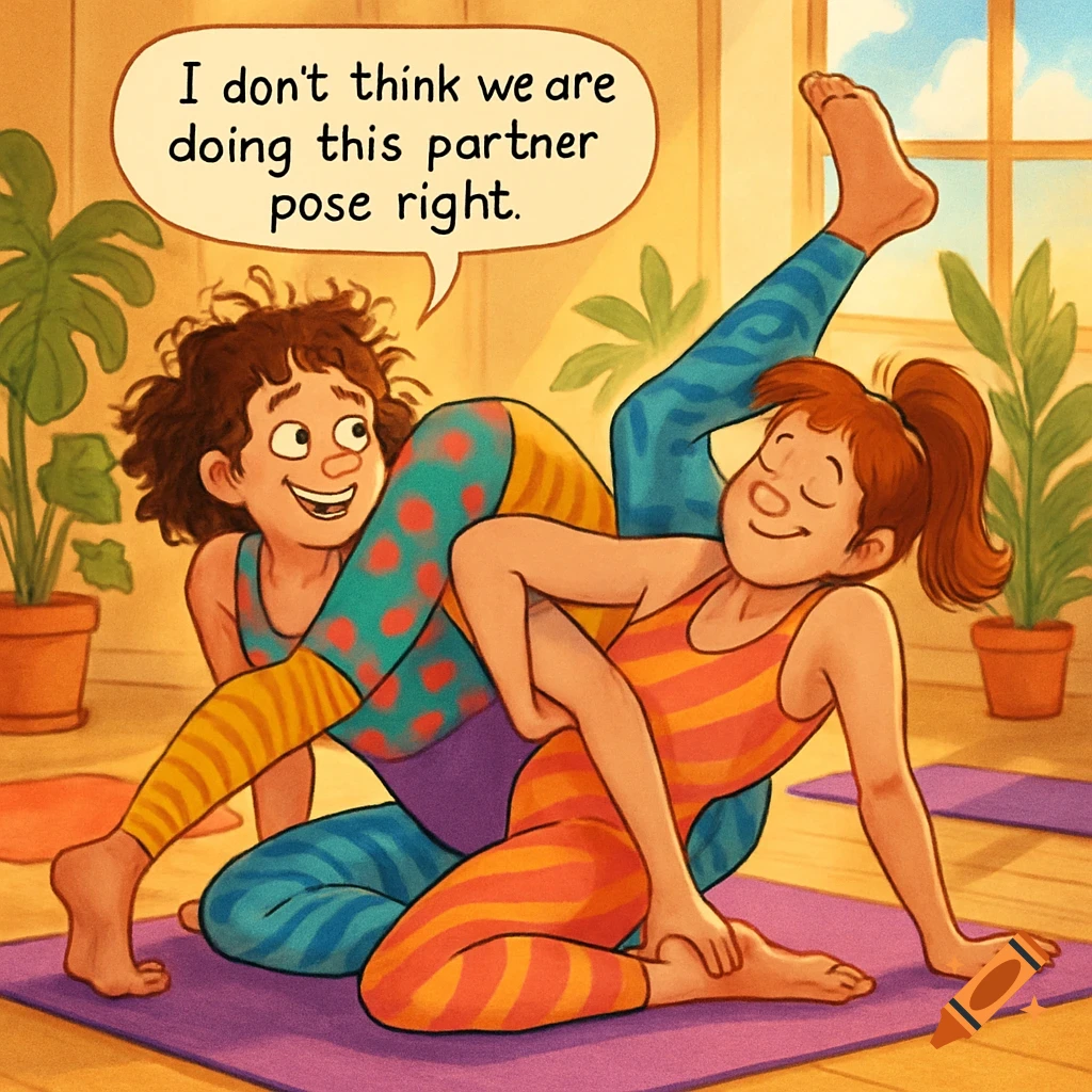 Comical illustration of two women in colorful leotards tangled in a yoga pose, one saying 'I don't think we are doing this partner pose right.'