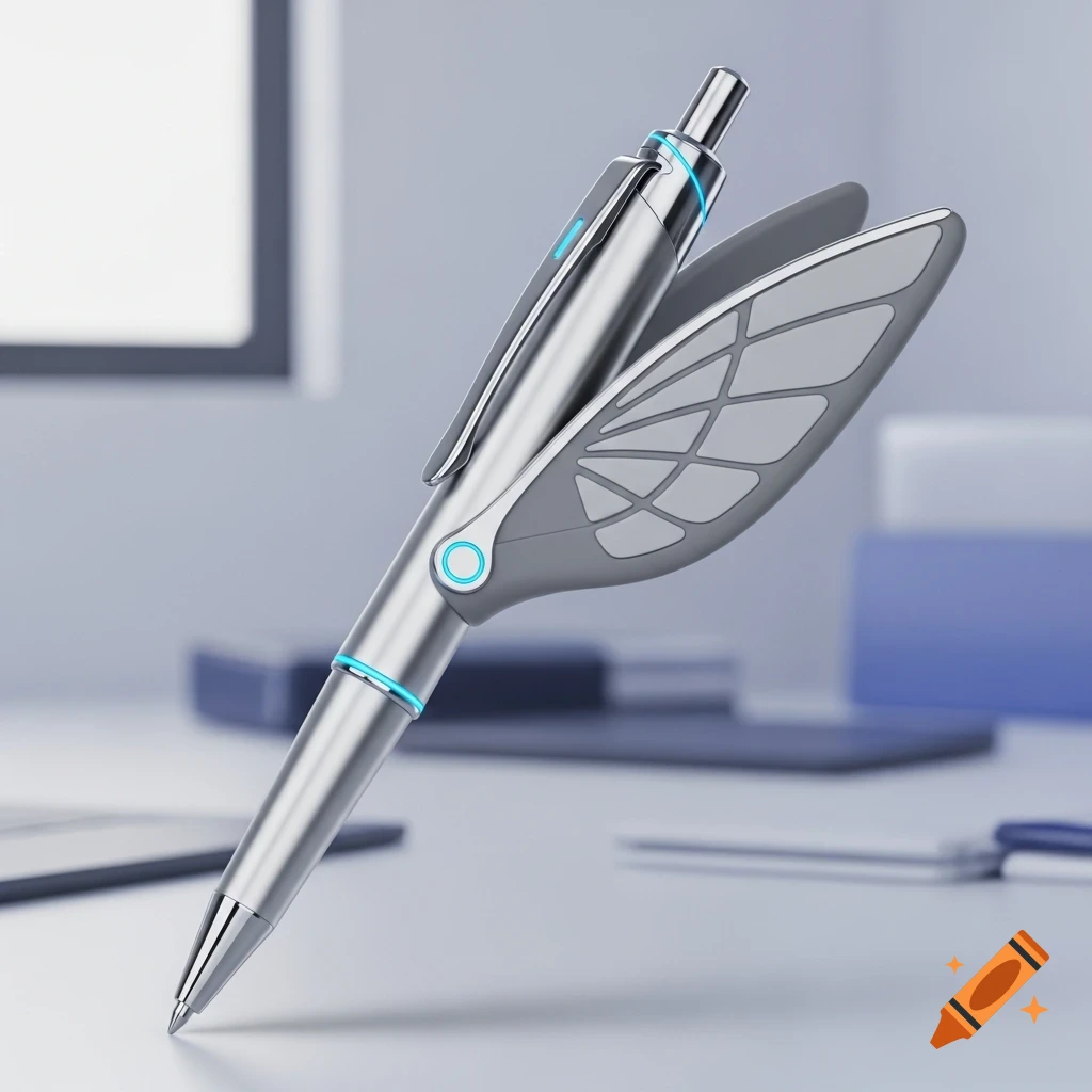 A sleek silver futuristic pen with glowing blue accents and a gray wing-like extension, on a desk.