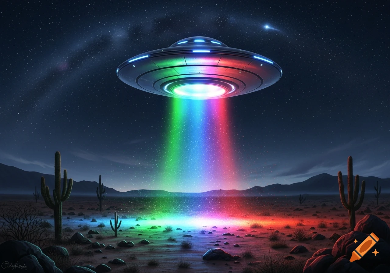 A metallic UFO hovers over a dark desert landscape at night, beaming a vibrant rainbow-colored light onto the ground among cacti.
