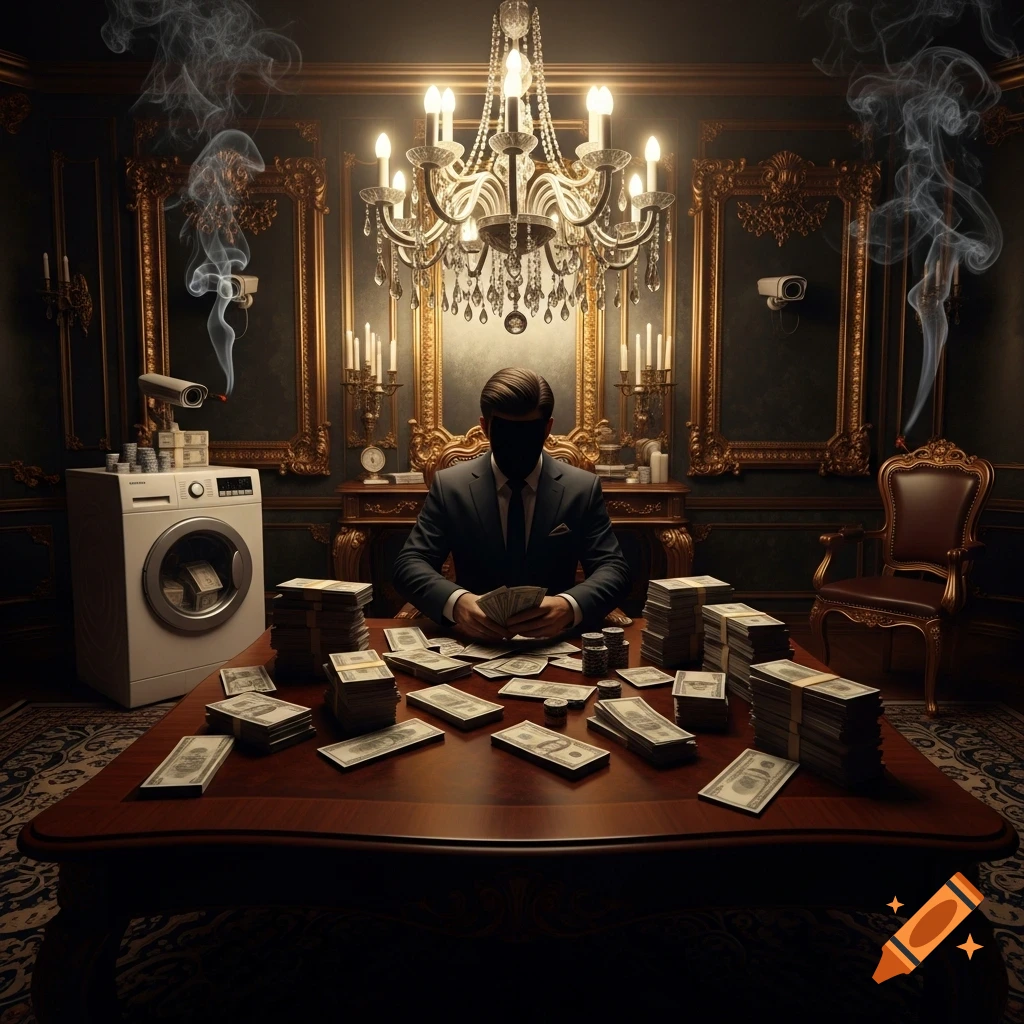 A man in a suit with a blacked-out face sits at a table covered in stacks of money, next to a washing machine full of cash, in a dark, ornate room with a chandelier and security cameras. Smoke rises in the background.