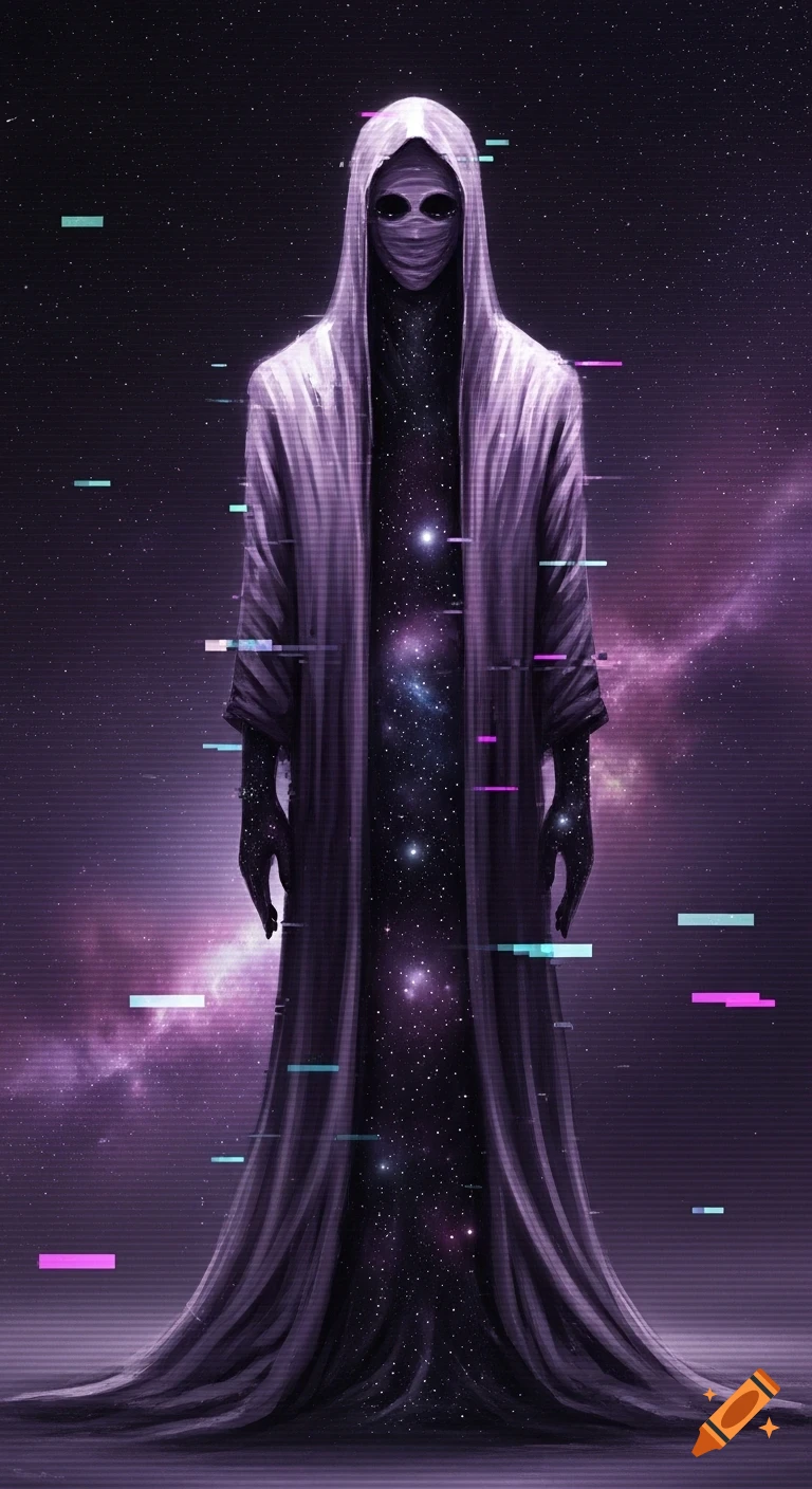 A tall, hooded figure with a masked face and a body made of cosmic stars stands against a purple galaxy with glitch art effects.