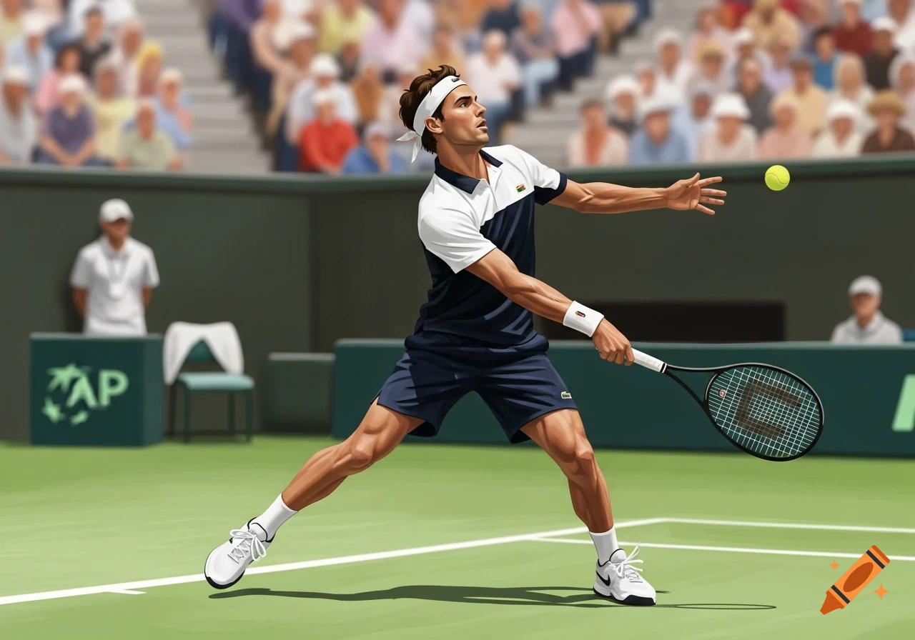An illustrated male tennis player in a white and dark blue outfit hits a tennis ball on a green court with spectators.