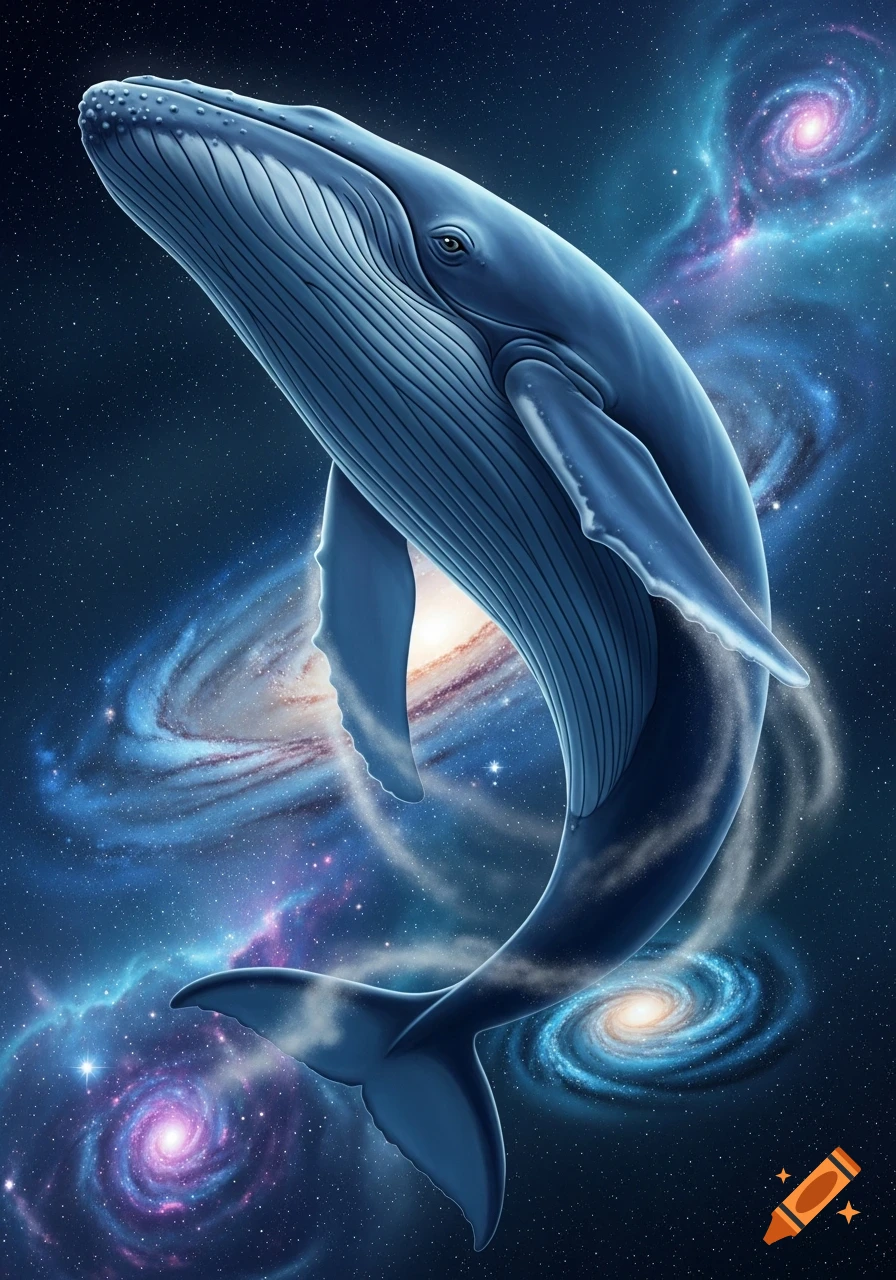 A large blue whale swims gracefully through deep space, surrounded by vibrant spiral galaxies and countless stars.