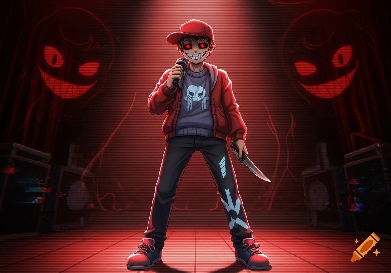 A stylized cartoon image of a red-capped boy with glowing red eyes and a wide grin, holding a microphone and a knife on a red-lit stage with shadowy, monstrous figures in the background.