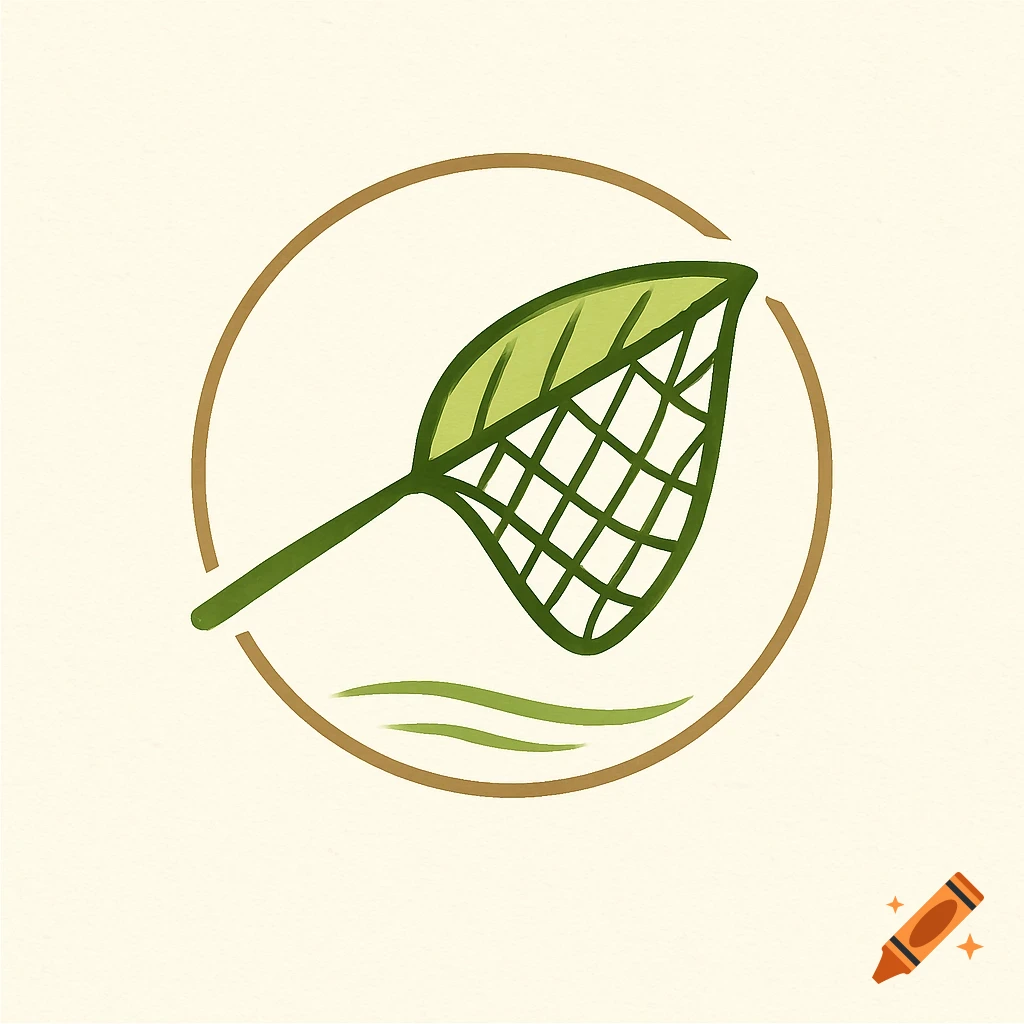 A minimalist logo of a green leaf shaped like a fishing net, within a brown circle and green wavy lines.