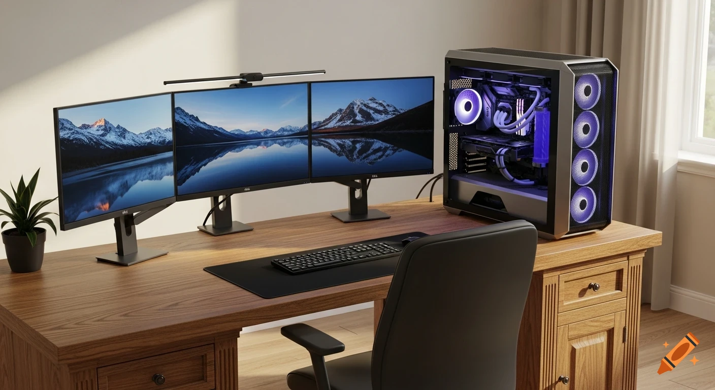 A modern gaming PC setup with three frameless monitors displaying mountain lake scenery, a black keyboard, and a futuristic PC case with purple RGB lighting on a wooden desk.