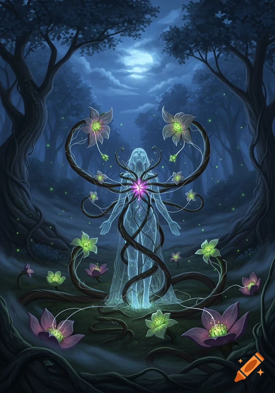 Ethereal, glowing human-like figure in a dark, moonlit forest, entwined with glowing vines and flowers in a fantasy art style.