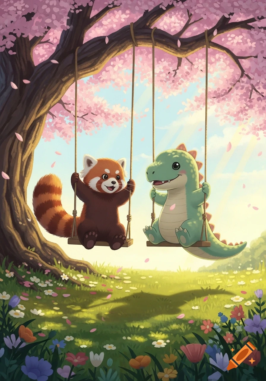 A cute cartoon red panda and a green dinosaur happily swing under a pink cherry blossom tree in a sunny field of colorful flowers.