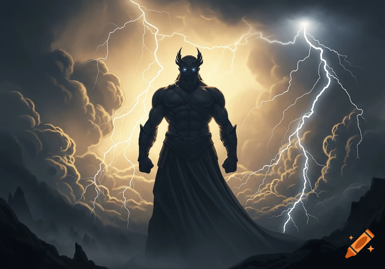 A muscular, horned, god-like figure stands in silhouette against a bright, stormy sky with bolts of lightning.
