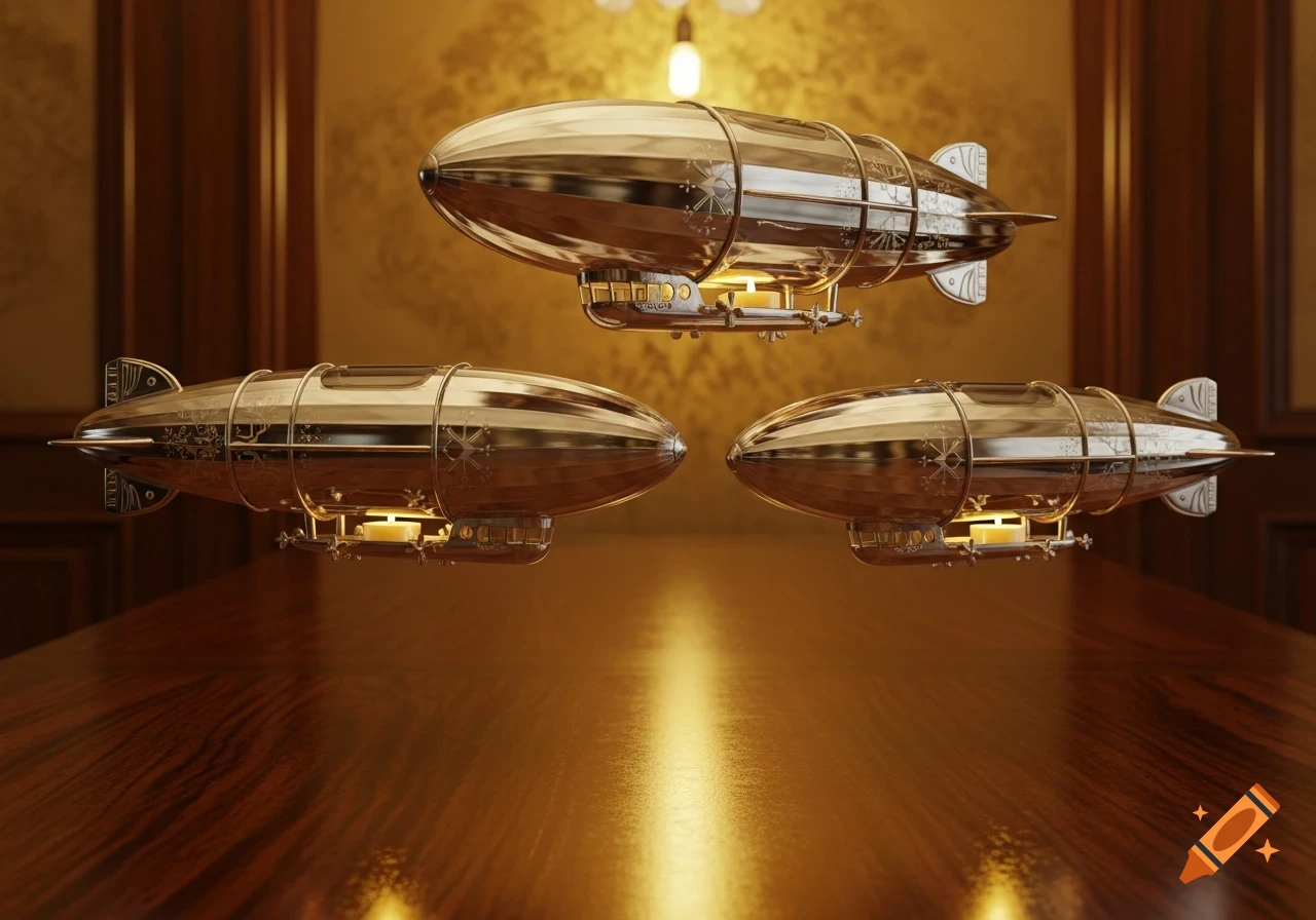 Three ornate golden zeppelin-shaped candle holders with intricate designs on a reflective wooden table in a warm, elegant room.