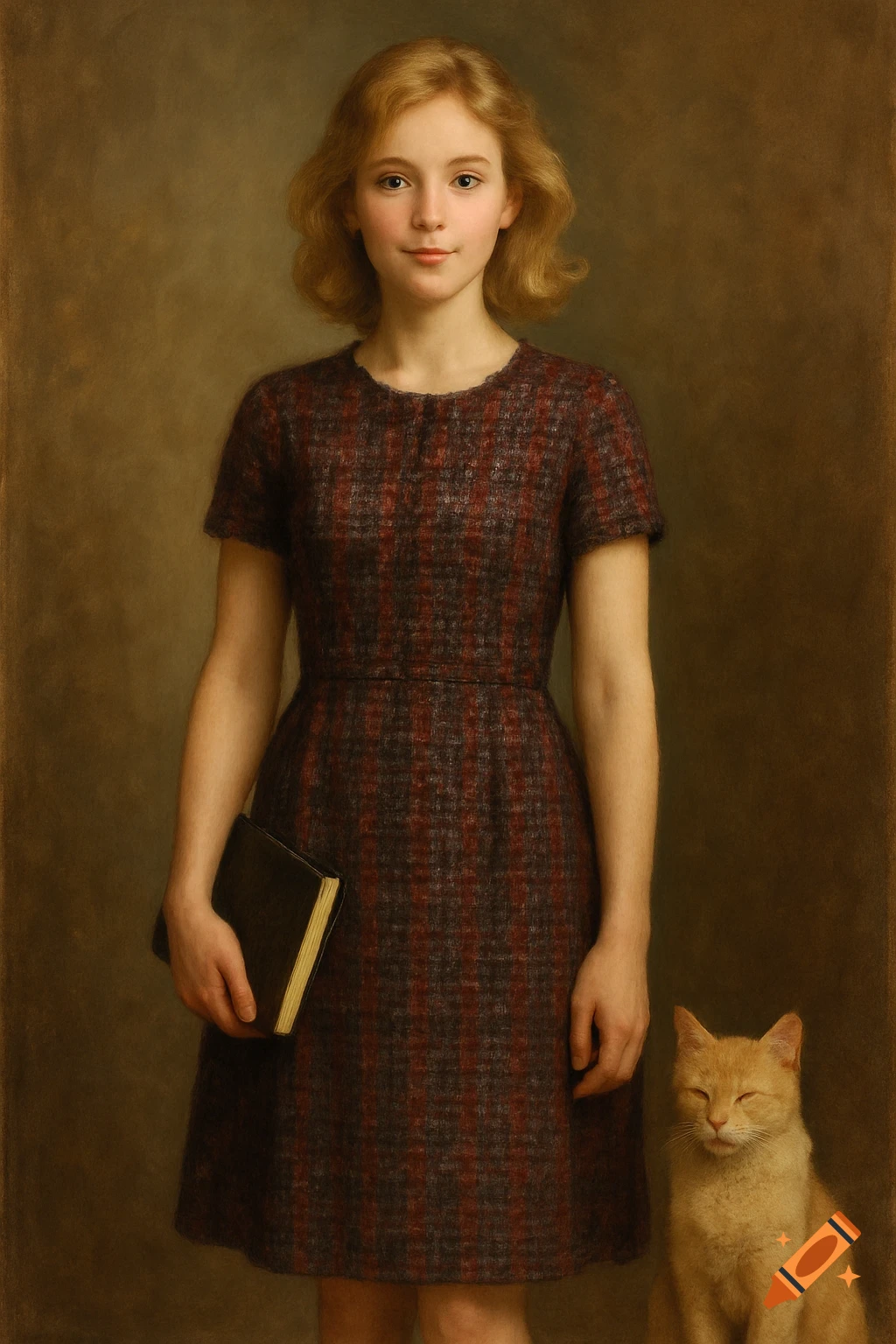 A young woman with blonde hair, in a plaid dress, stands holding a book next to an orange cat, in a classical portrait painting style.