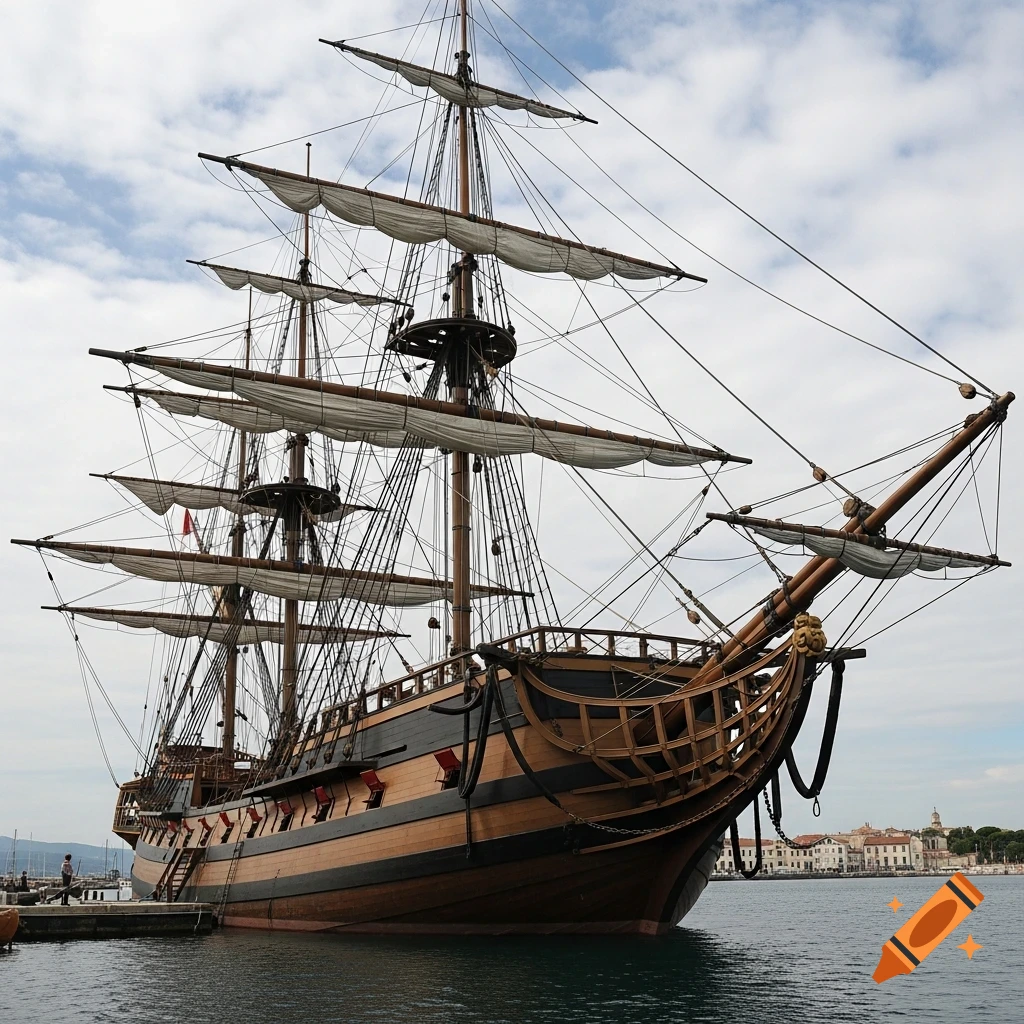 A large, ornate wooden sailing ship with many masts and sails docked in a harbor under a cloudy sky.