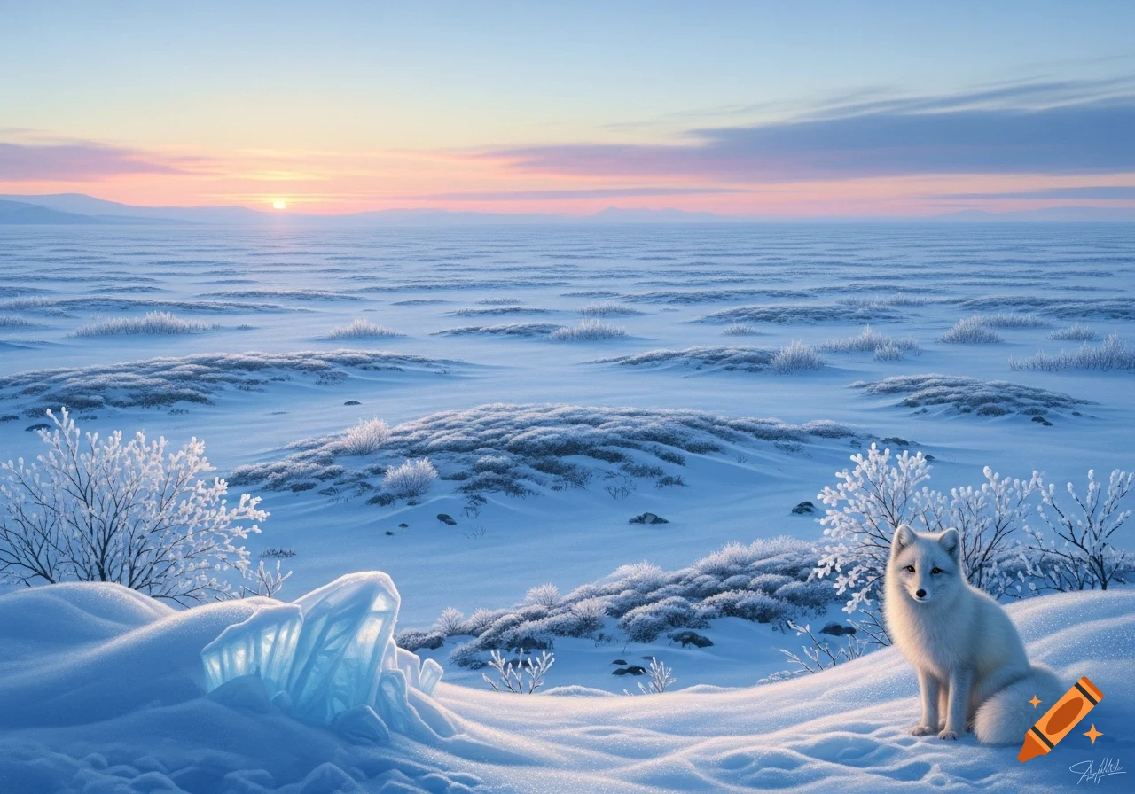 A white arctic fox sits on a snow-covered hill in a vast, icy tundra landscape under a soft pink and blue sunset.