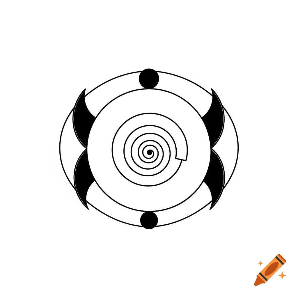A black-and-white minimalist vector-style line art sigil with a central inward spiral, four black crescent shapes, and two small black dots on a white background.