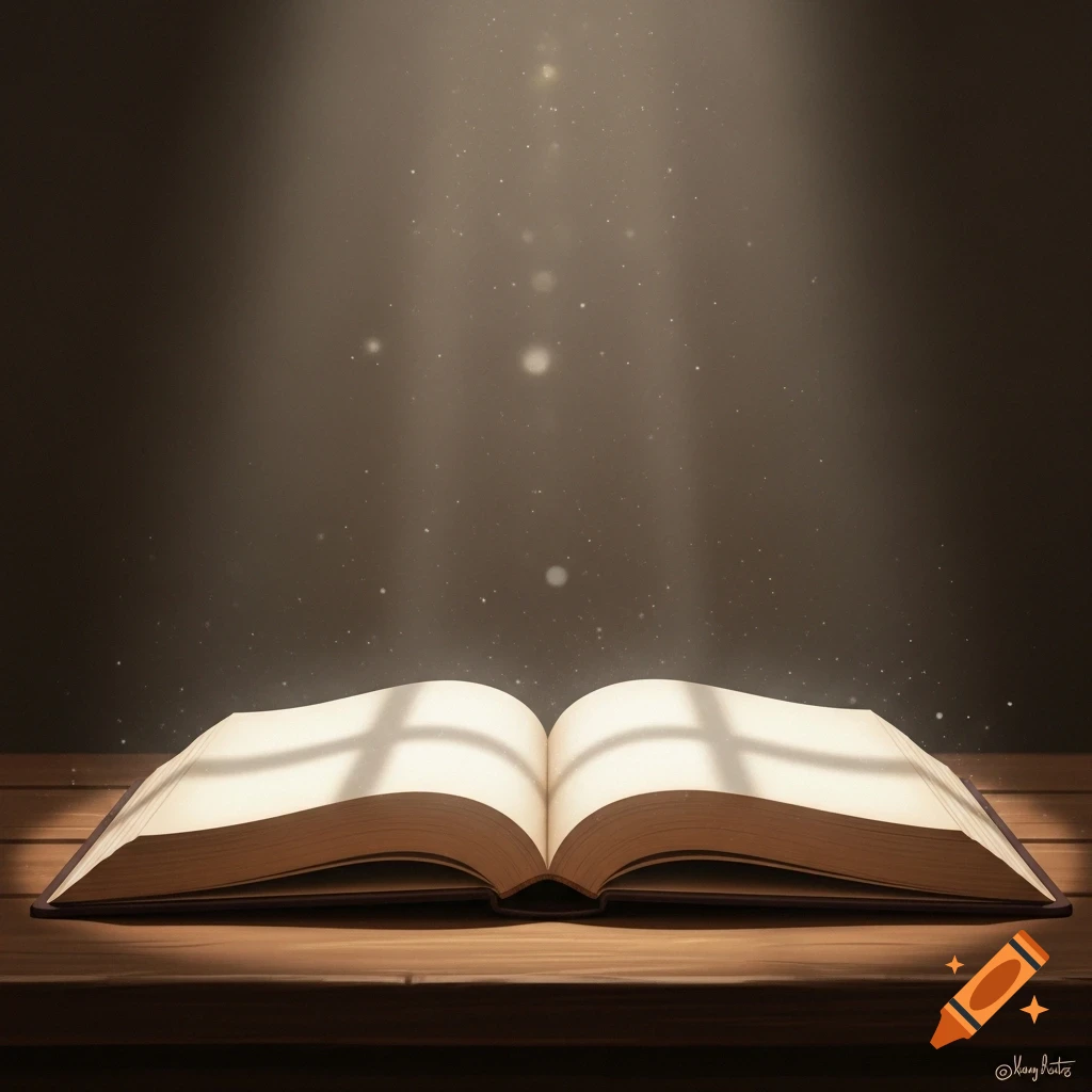 An open book illuminated by a beam of light on a wooden table, with dust motes floating in the air.