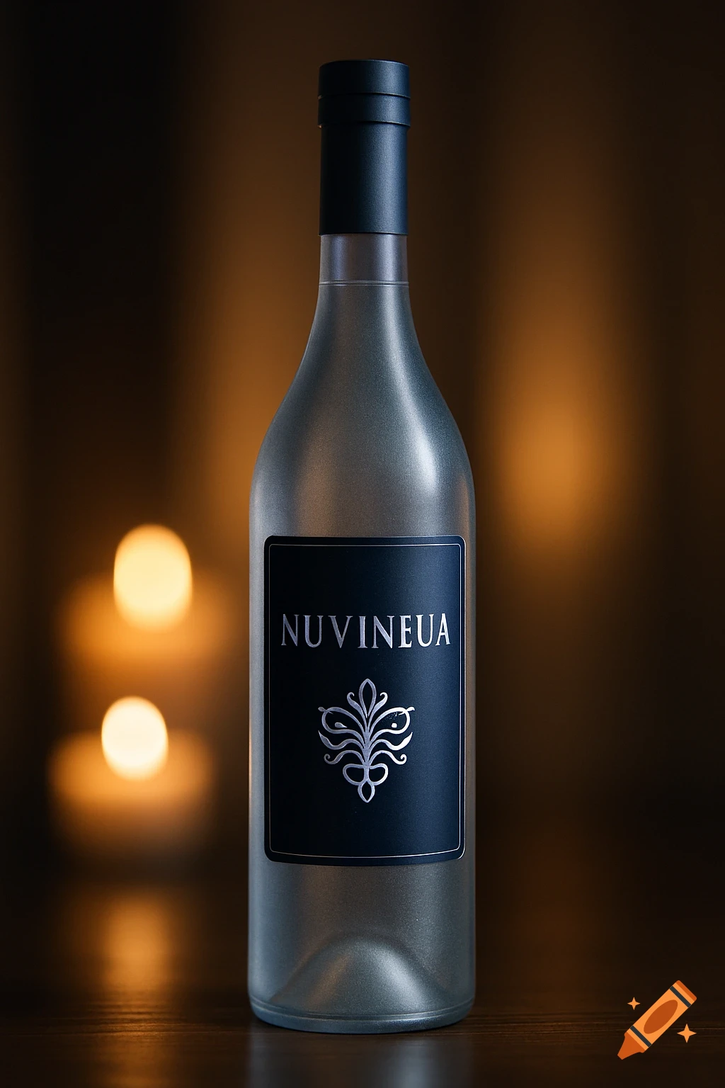 A photorealistic image of a grey frosted bottle with a dark blue label reading 'NUVINEUA' and a silver emblem, against a dark background with warm bokeh lights.
