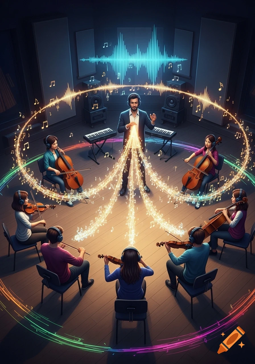 A conductor sends glowing musical notes to an orchestra of string musicians in a futuristic studio, all wearing headphones, with sound waves on the wall.