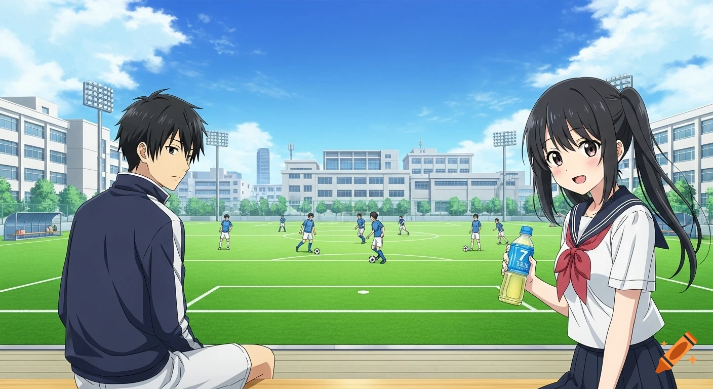Anime style illustration of a high school boy and girl by a soccer field, with students playing in the background.
