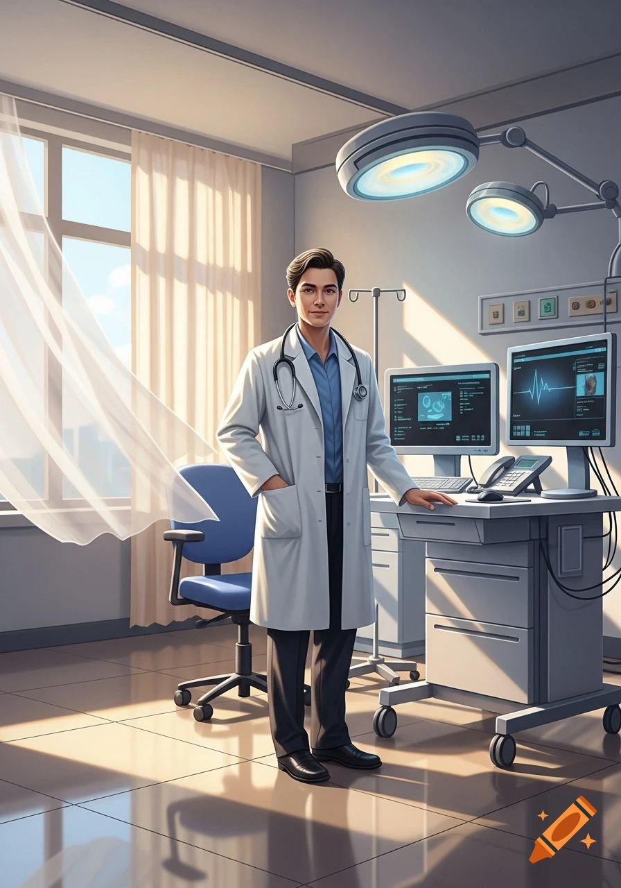 A young male doctor in a white lab coat and stethoscope stands in a bright hospital room with medical monitors.