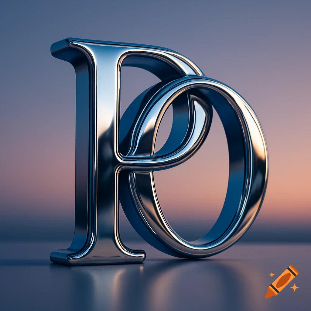 Glossy metallic capital letters P and O intertwined on a reflective surface with a soft gradient background.