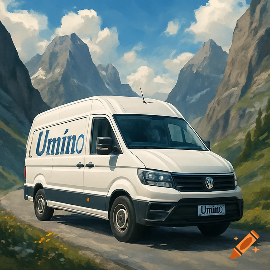 A white van with "Umino" on its side drives on a winding mountain road through mountains under a blue sky, in a painted style.