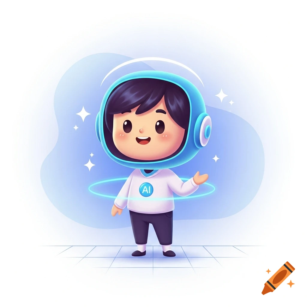 Cute cartoon AI assistant character with a blue helmet and glowing aura, smiling warmly.