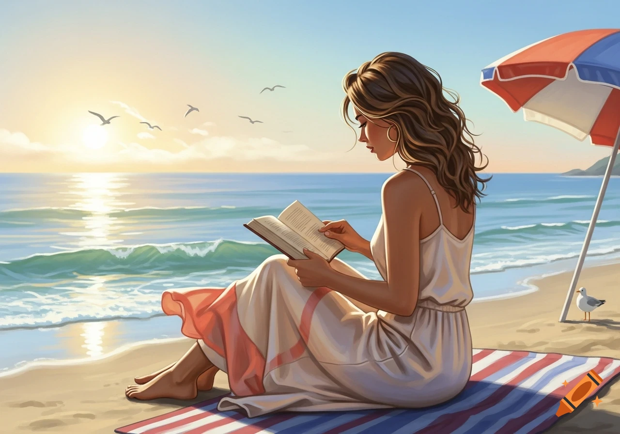 A stylized illustration of a woman reading a book on a beach at sunset, with ocean waves and seagulls.