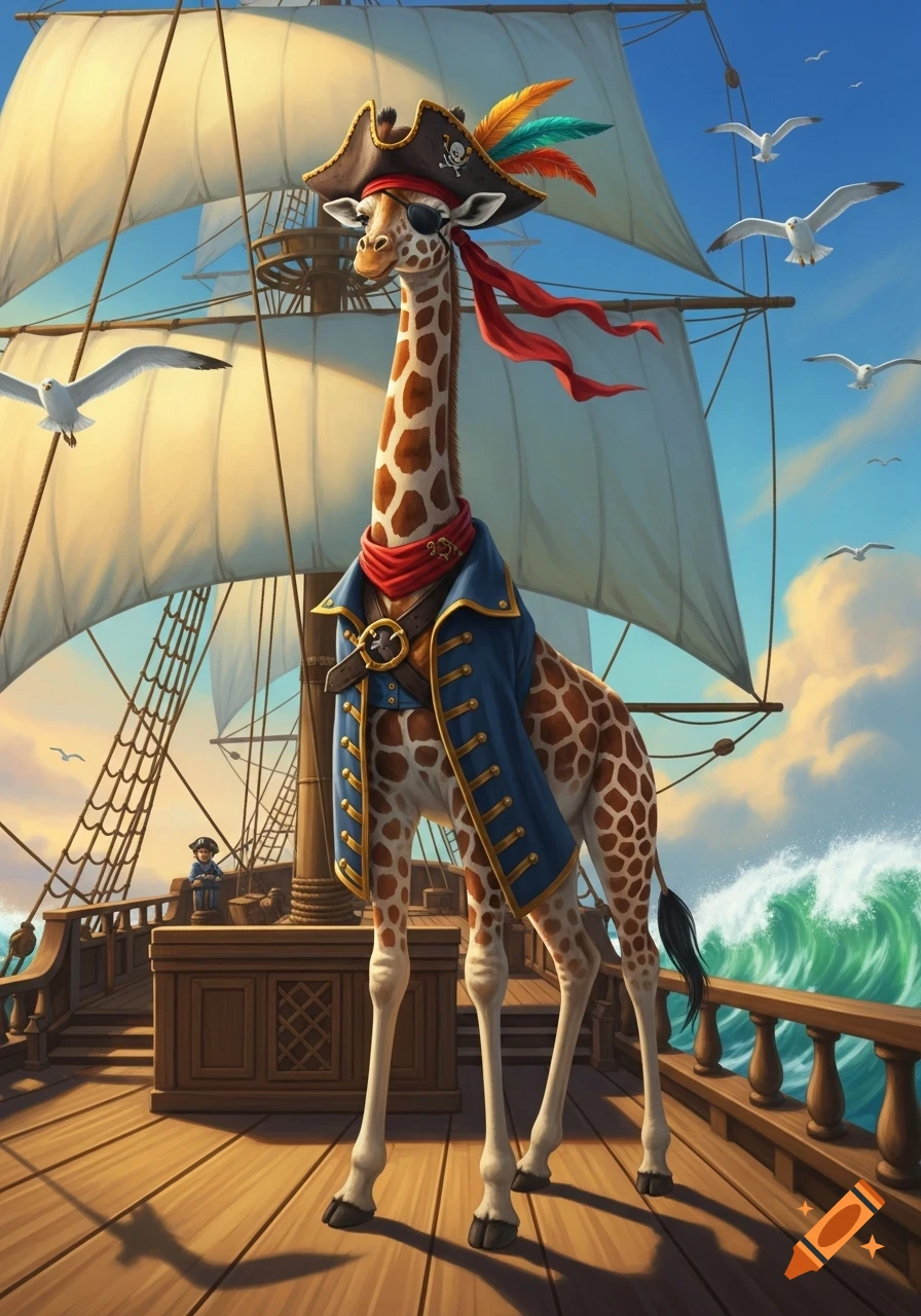 A cartoon giraffe pirate wearing a feathered hat, eye patch, and blue coat stands on a wooden ship deck with sails, seagulls, and green waves.