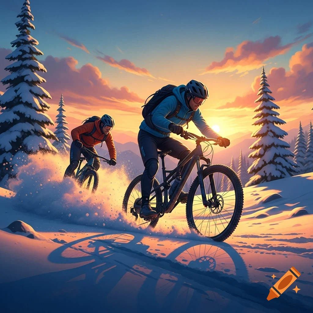 Two mountain bikers ride through deep snow in a vibrant, illustrated winter landscape at sunset.