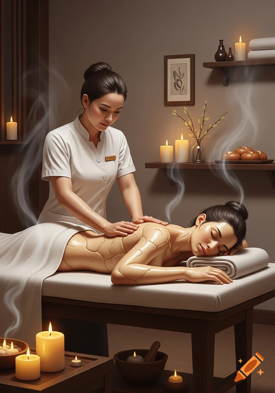 A masseuse gives a back massage to a woman with dough-like skin in a candlelit spa room.