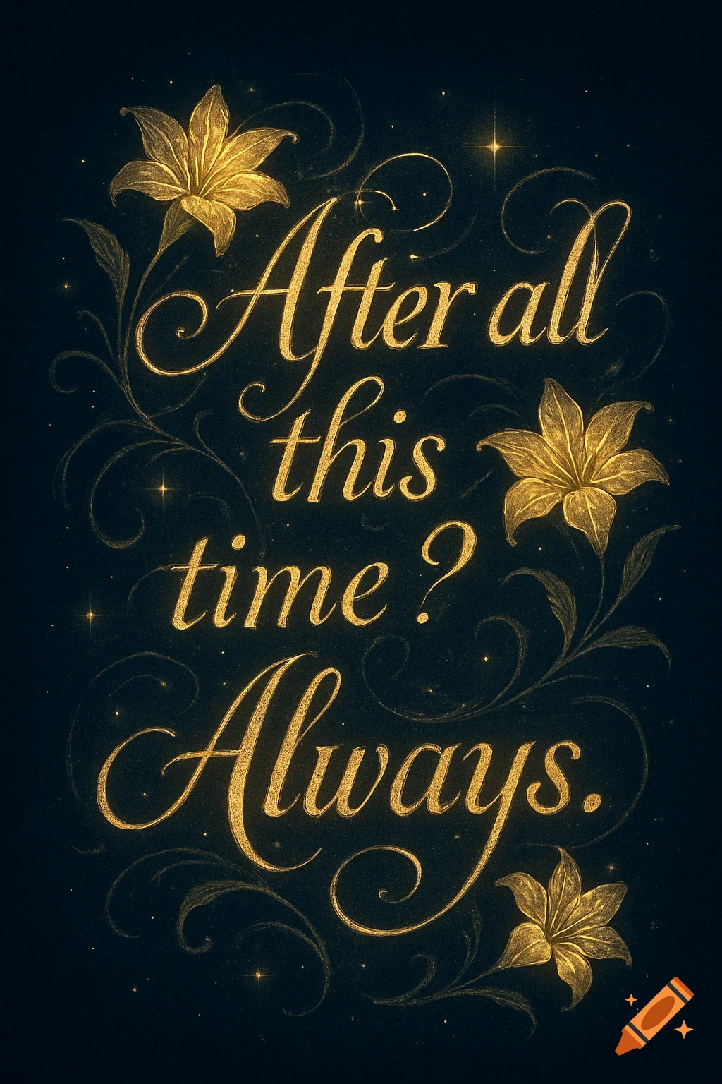 Golden ornate lettering 'After all this time? Always.' surrounded by glowing lily flowers and sparkling accents on a dark background.