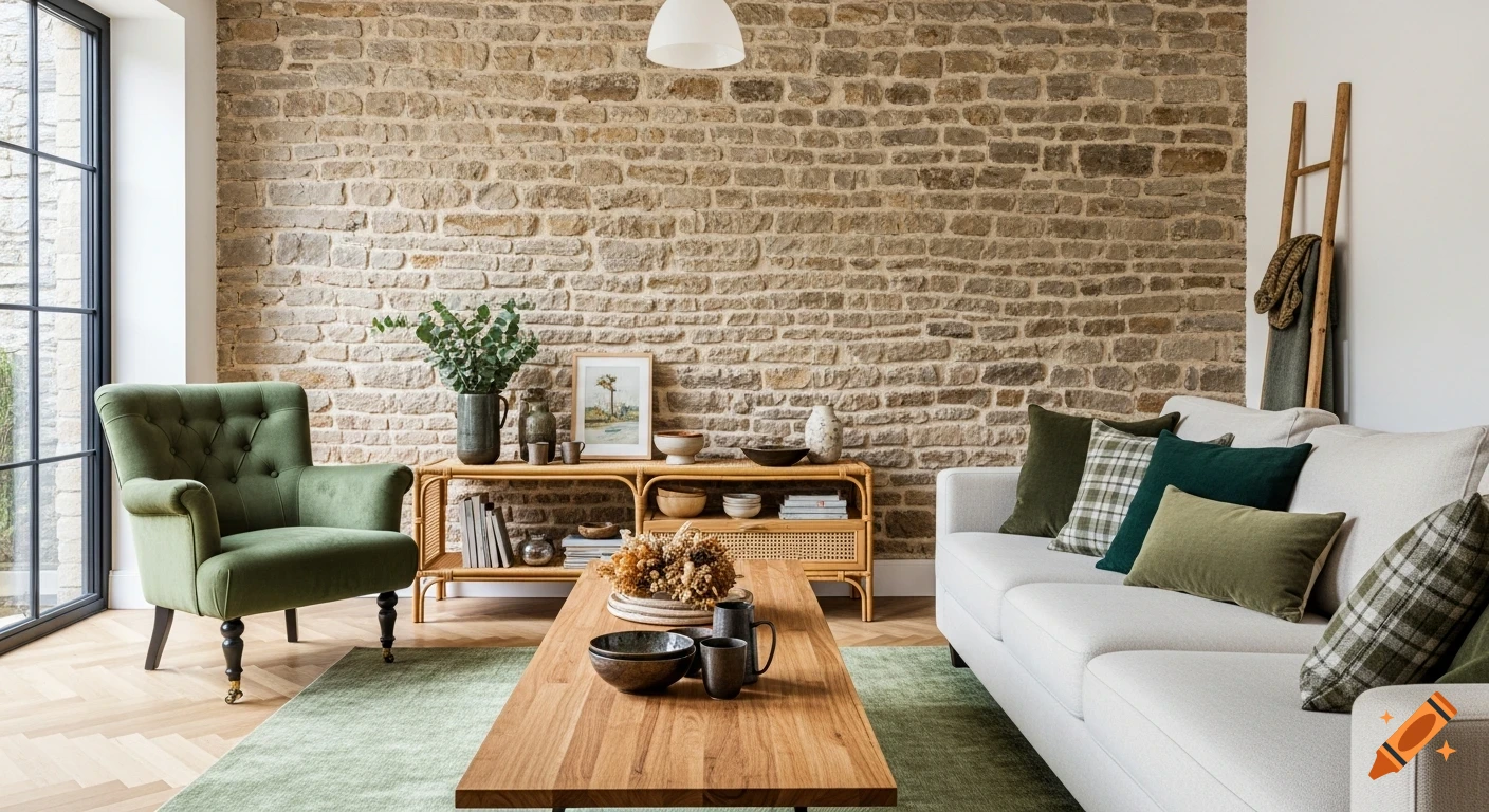 A modern pastoral-style living room featuring a stone wall, green velvet armchair, off-white sofa with green pillows, and a wooden coffee table.