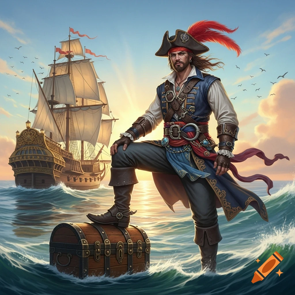 A detailed illustration of a rugged male pirate with a beard, standing on a treasure chest in stormy waves, with a large sailing ship behind him at sunset.