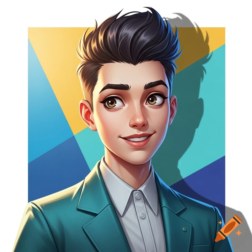 Stylized portrait of a smiling young person with dark spiky hair, wearing a teal suit, against a geometric blue and yellow background.