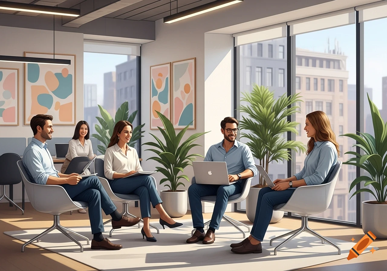 Five smiling office workers in a modern office, sitting in a casual group meeting with laptops and papers.