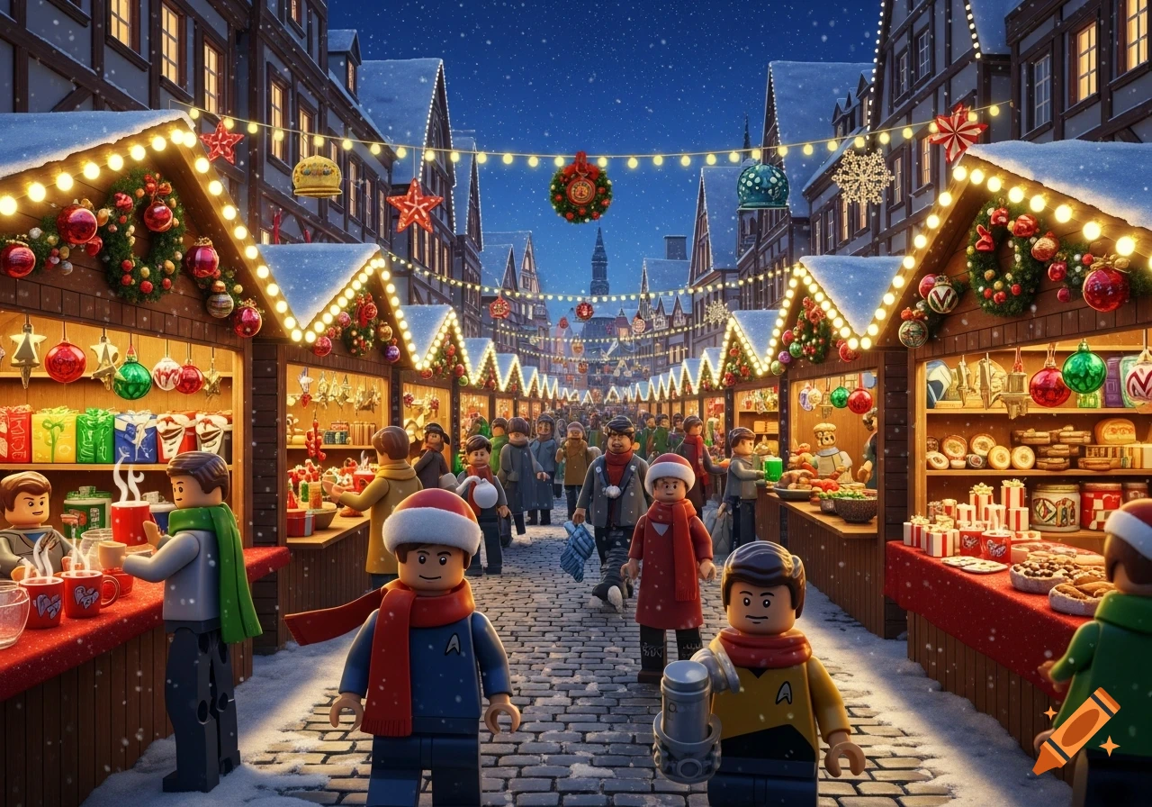 A festive Lego Christmas market scene at night, featuring minifigures, snowy stalls with lights, and hidden Star Trek characters.