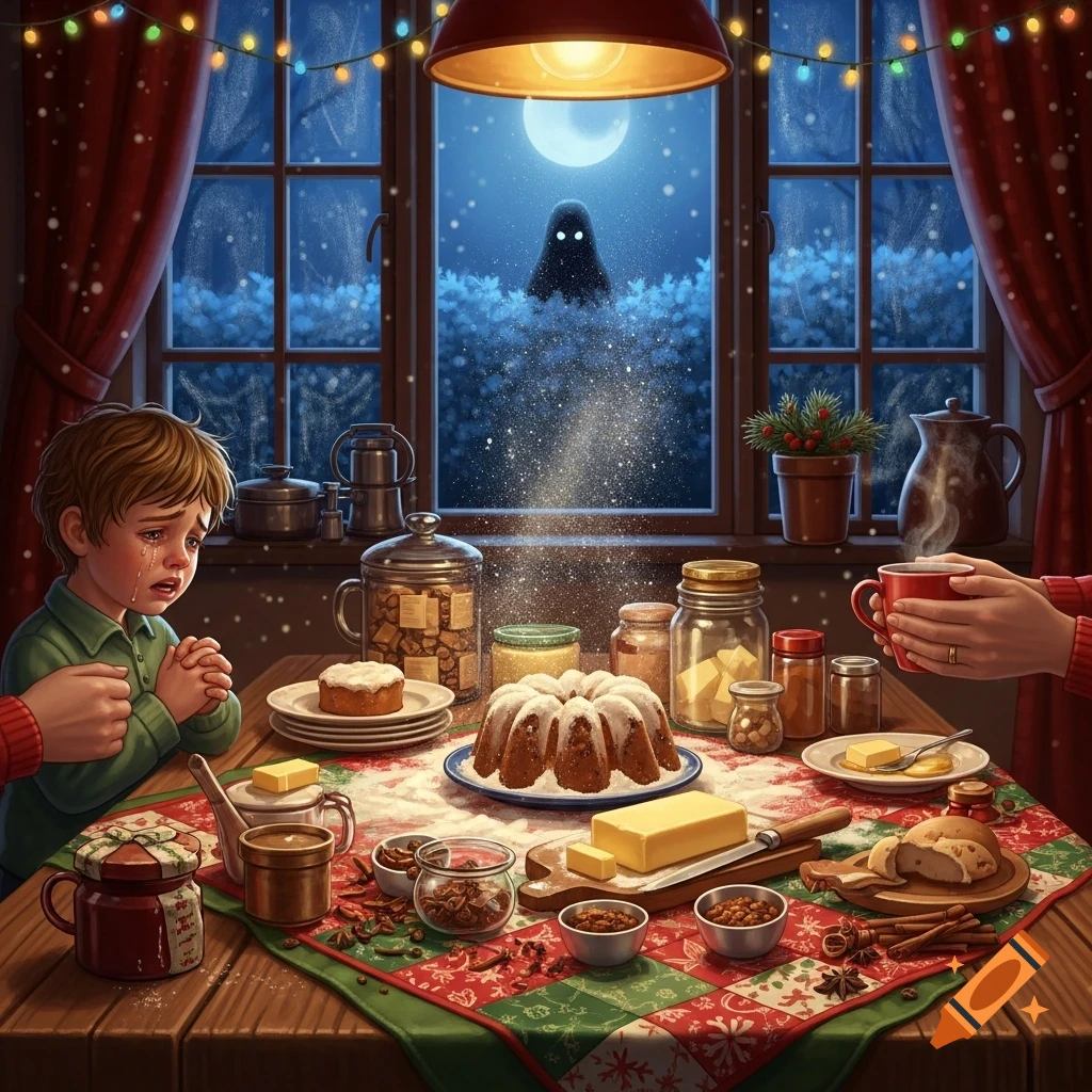 An illustrated scene of a crying boy at a Christmas baking table while a dark, glowing-eyed figure watches from outside a snowy window under a full moon.