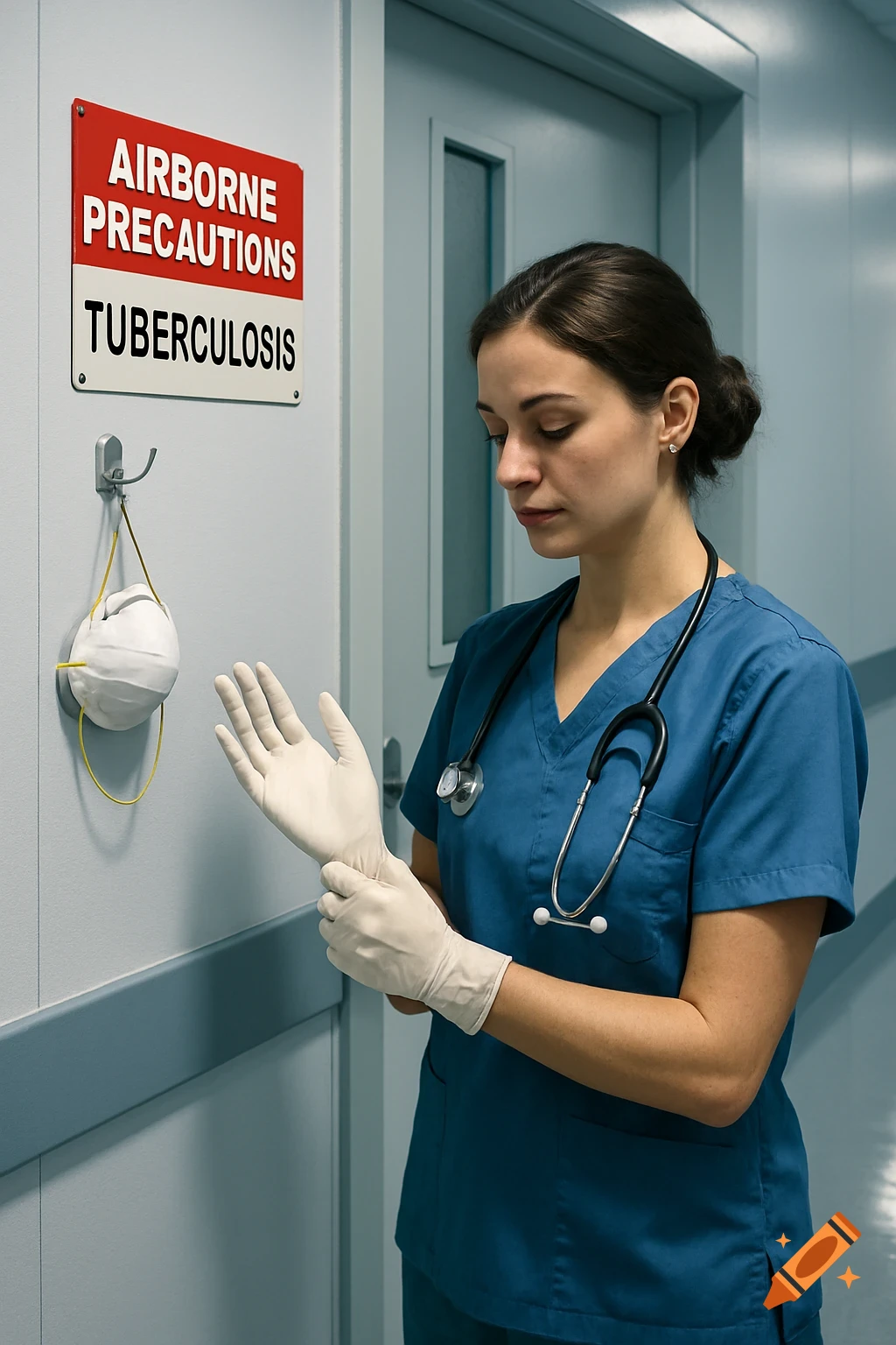 A nurse puts on medical gloves in a hospital hallway, near a sign for airborne precautions and a hanging N95 mask. Photorealistic.
