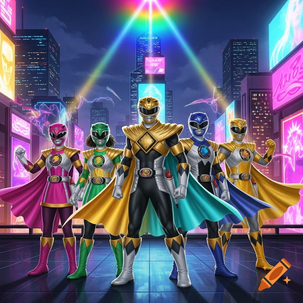 Five colorful Power Rangers in gold, pink, green, blue, and yellow suits with capes stand in a neon-lit futuristic city at night.