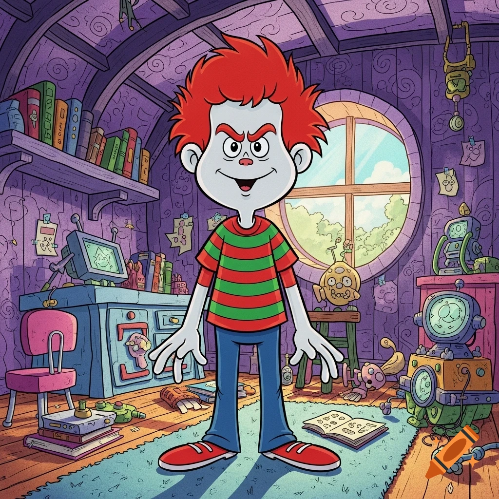 A mischievous cartoon boy with spiky red hair and a striped shirt stands in a cluttered, purple attic room with a round window.