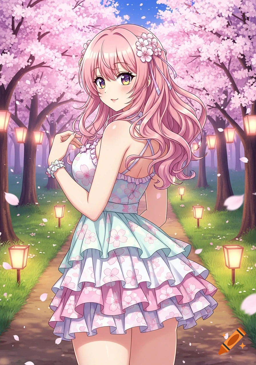 A vibrant anime girl with pink hair and a light blue and pink dress, standing in a path lined with cherry blossom trees and glowing lanterns.