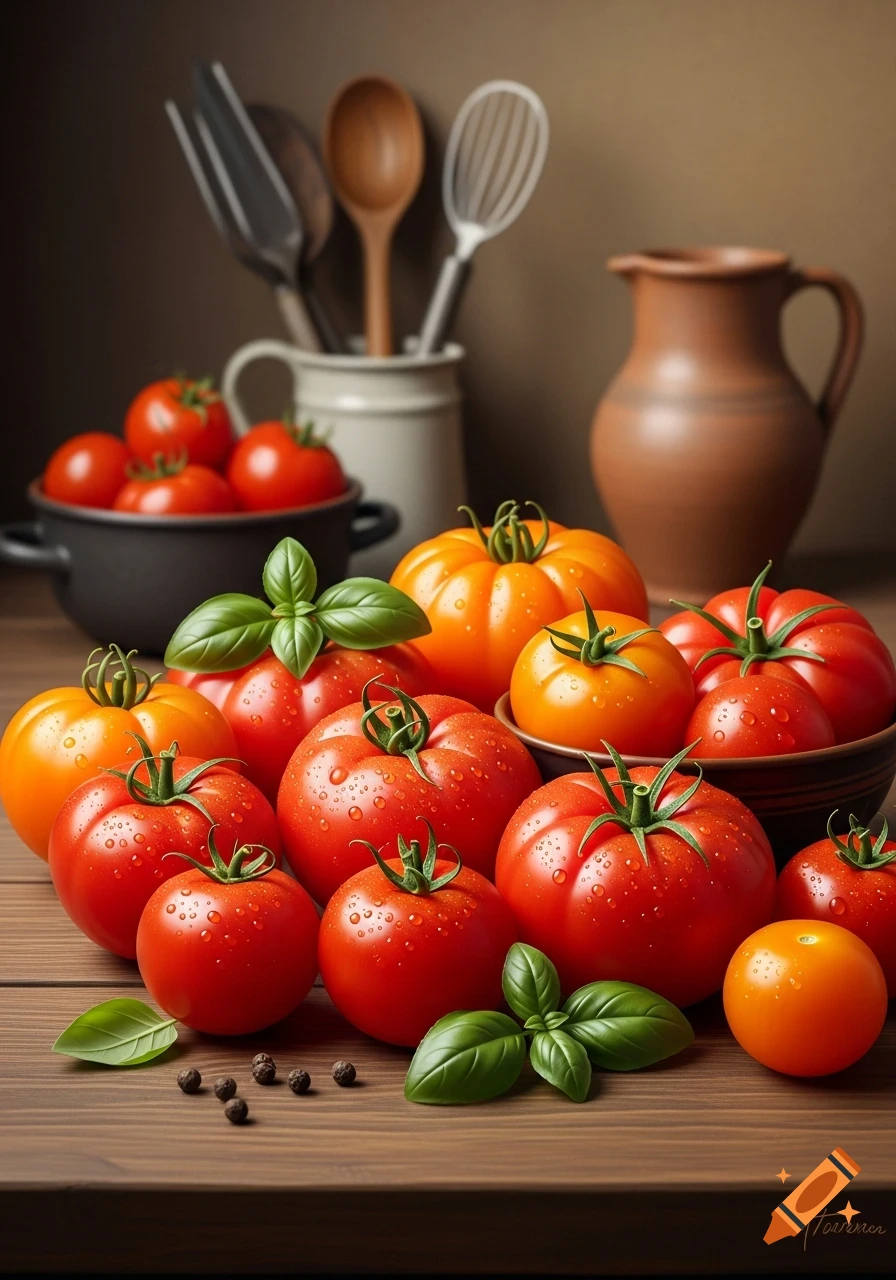 Photorealistic still life of fresh red and orange tomatoes with basil and water droplets on a wooden surface, kitchenware in background.