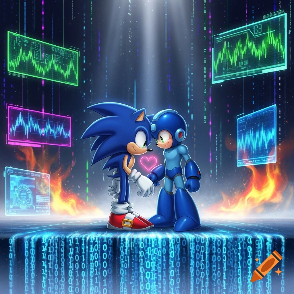Sonic and Mega Man hold hands, a pink heart between them, in a digital landscape with glowing binary code and data screens.