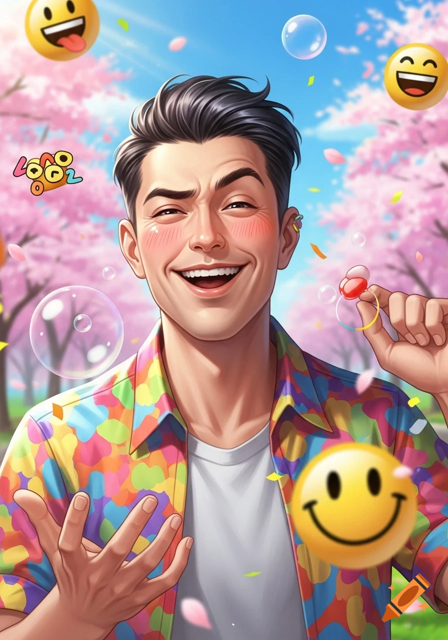 Smiling man in colorful shirt with rosy cheeks, surrounded by emojis, bubbles, and pink cherry blossoms in an anime style.