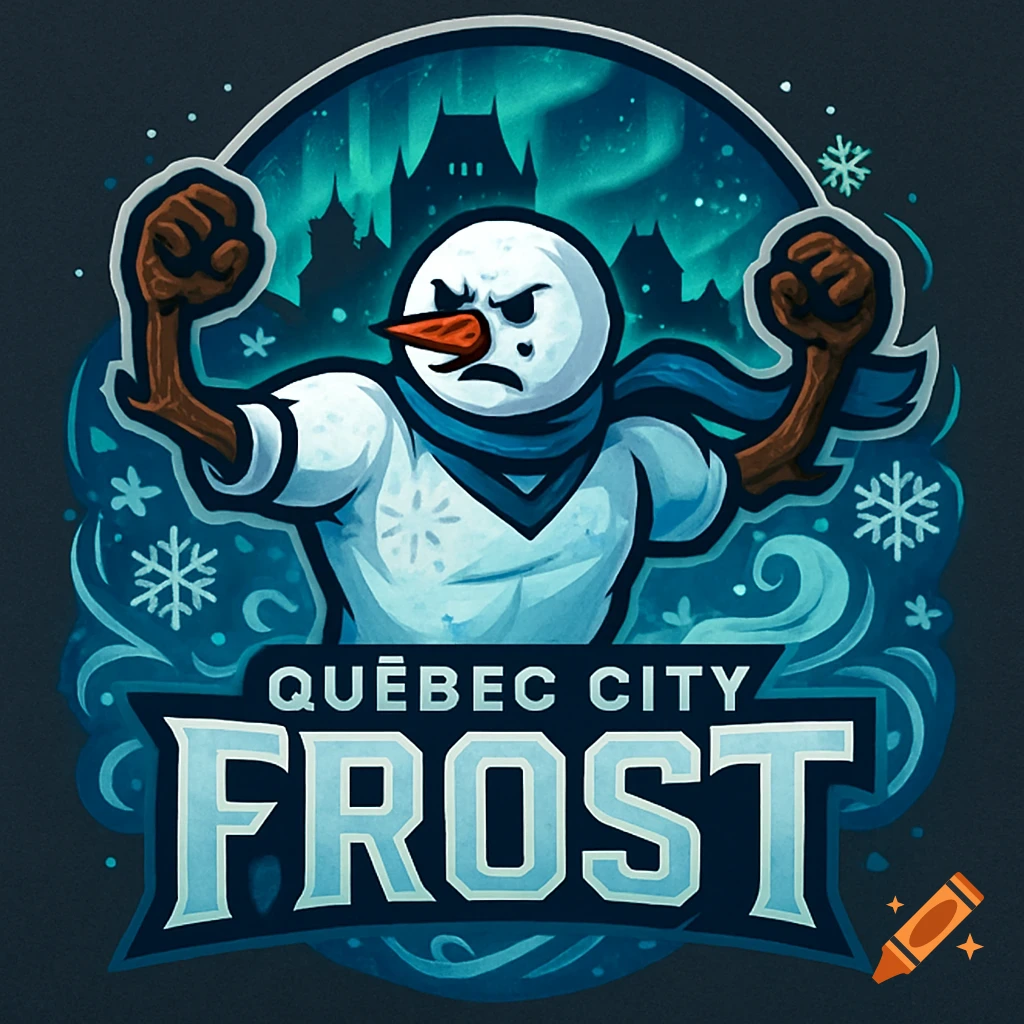Vibrant cartoon logo featuring an angry snowman mascot with clenched fists, city silhouette, aurora borealis, and 'QUÉBEC CITY FROST' text.