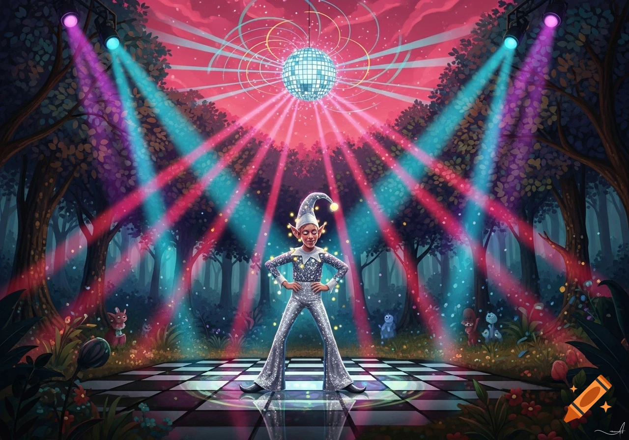 A vibrant illustration of a disco elf in a sparkly jumpsuit posing on a checkered dance floor in a magical forest lit by colorful disco lights.