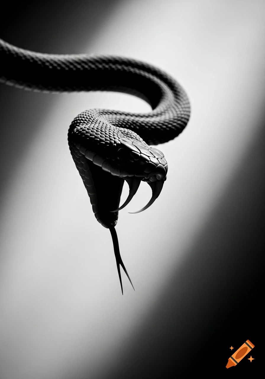 Monochrome, minimalist image of a black snake with fangs and forked tongue, poised to strike against a light background.