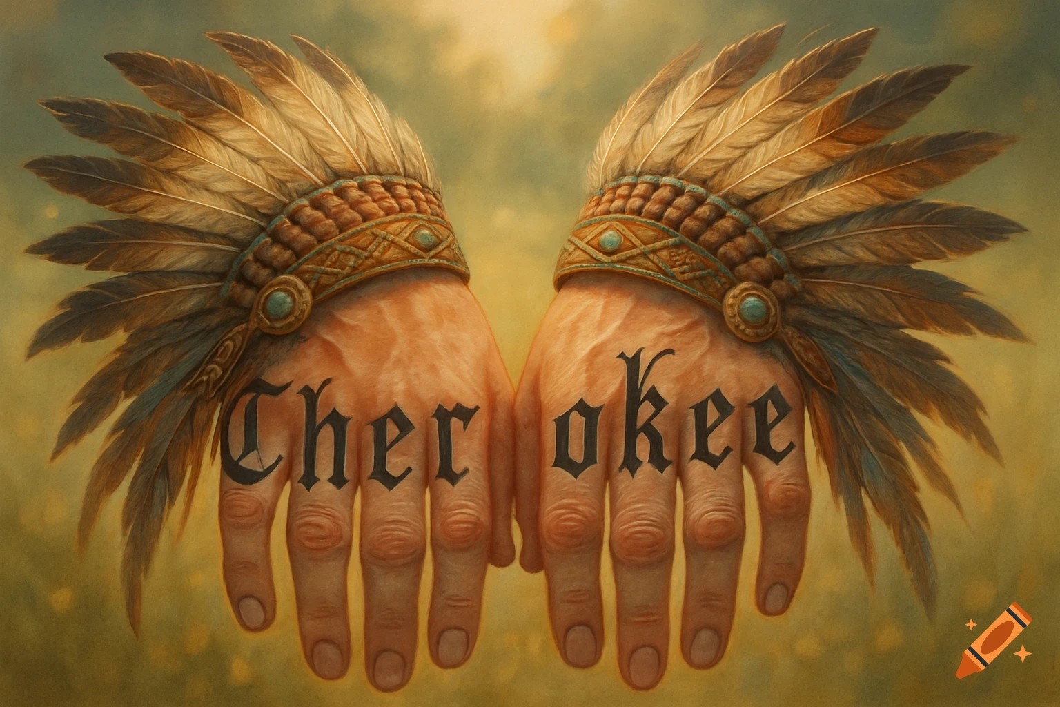 Two hands with feather headdresses, palms down, displaying 'Cherokee' tattooed across the knuckles, in a realistic art style.